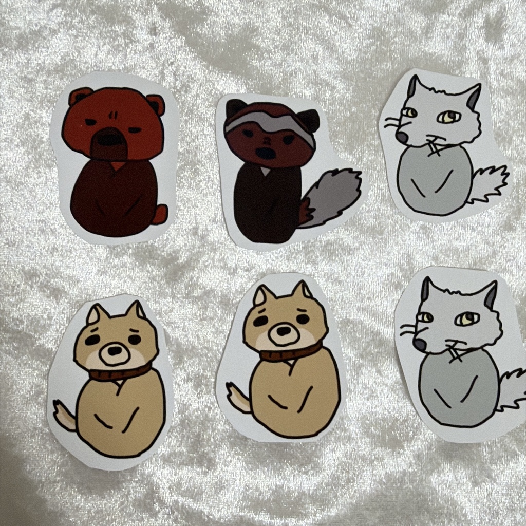 おくるみゴールデンカムイの動物たち（レタラ、リュウ、ヒグマ、クズリ）