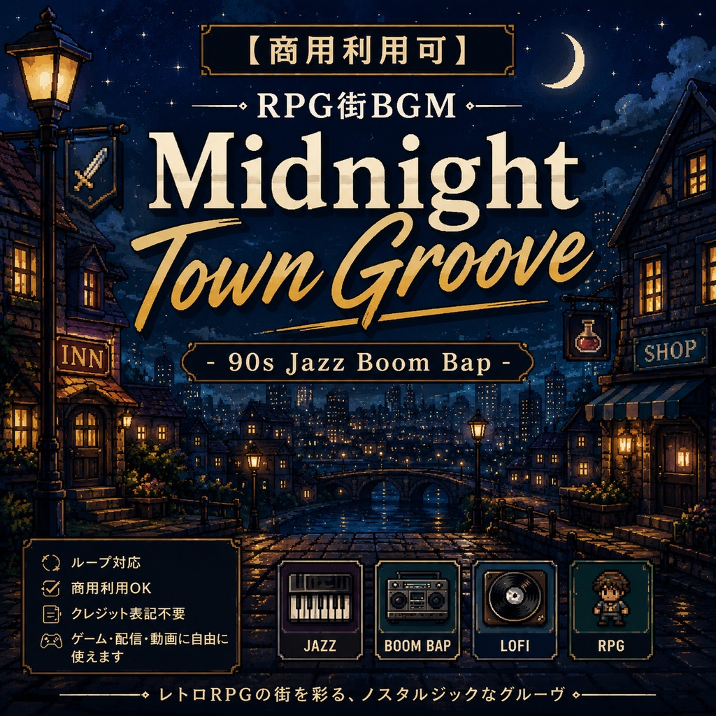 【商用利用可】RPG街BGM「Midnight Town Groove」- 90s Jazz Boom Bap