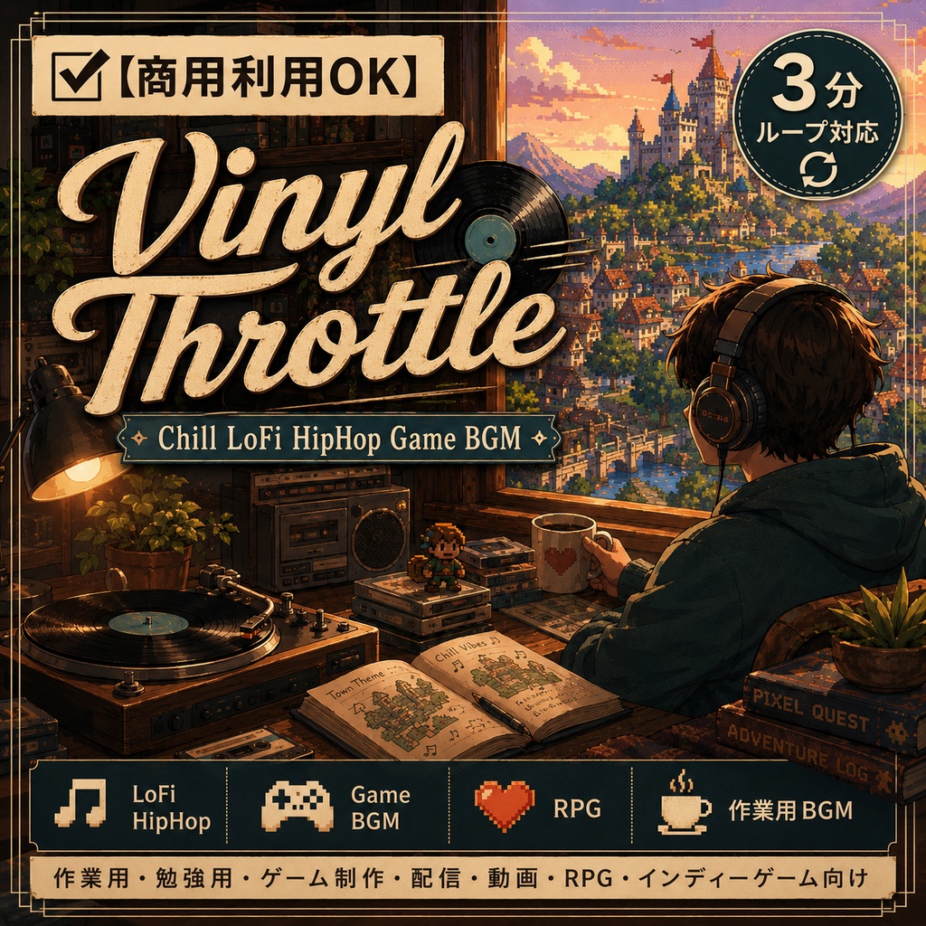 【商用利用OK】Vinyl Throttle - Chill LoFi HipHop Game BGM｜4分ループ対応・作業用・RPG・インディーゲーム向け