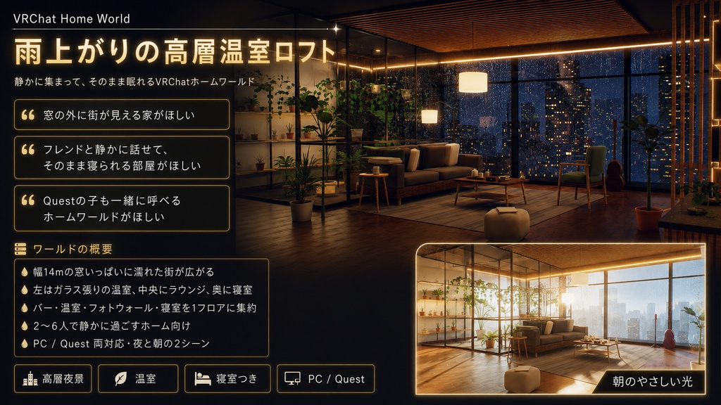 After Rain Observatory - 雨上がりの高層温室ロフト。濡れた夜景、夜と朝の2シーン、17席・ジョインログ・ペン付き(PC/Quest)【VRChat】