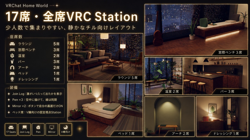 After Rain Observatory - 雨上がりの高層温室ロフト。濡れた夜景、夜と朝の2シーン、17席・ジョインログ・ペン付き(PC/Quest)【VRChat】