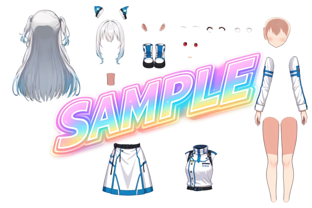 【永久無料 ※2026/05/20更新 表情差分&コンセプトアート追加】<No.000000Eara>キャラクター立ち絵三面図+AI生成PSD素材加工/研究用パーツ分けデータ
