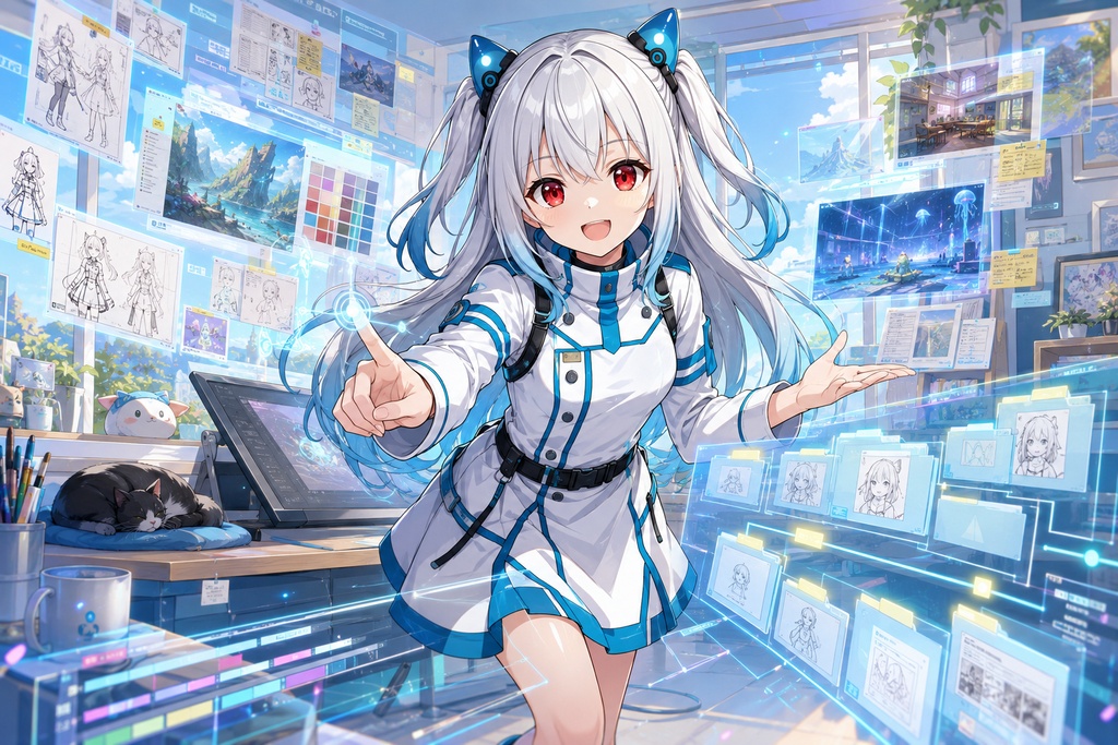 【永久無料 ※2026/05/20更新 表情差分&コンセプトアート追加】<No.000000Eara>キャラクター立ち絵三面図+AI生成PSD素材加工/研究用パーツ分けデータ