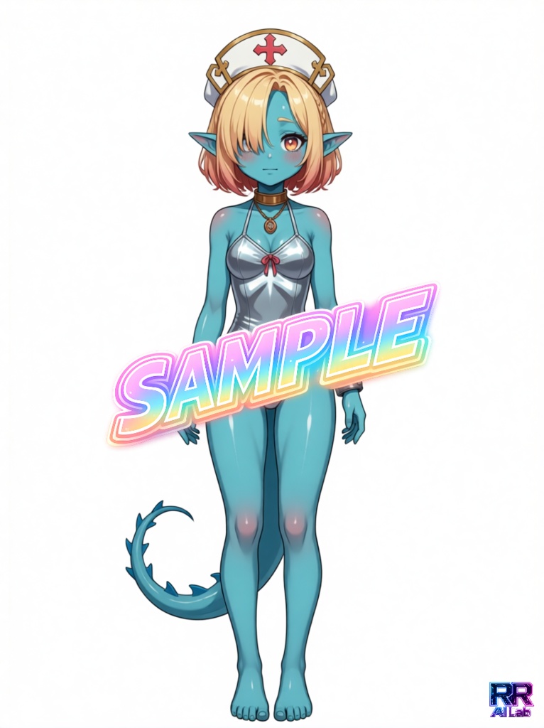 【期間限定無料】キャラクター立絵三面図+PSDデータ＜No.000001：異彩のやさしさをまとう、深海色のナース風ファンタジーガール＞　[Free for a limited time] Character Stand-Up Illustrations (Three-View) + PSD Files