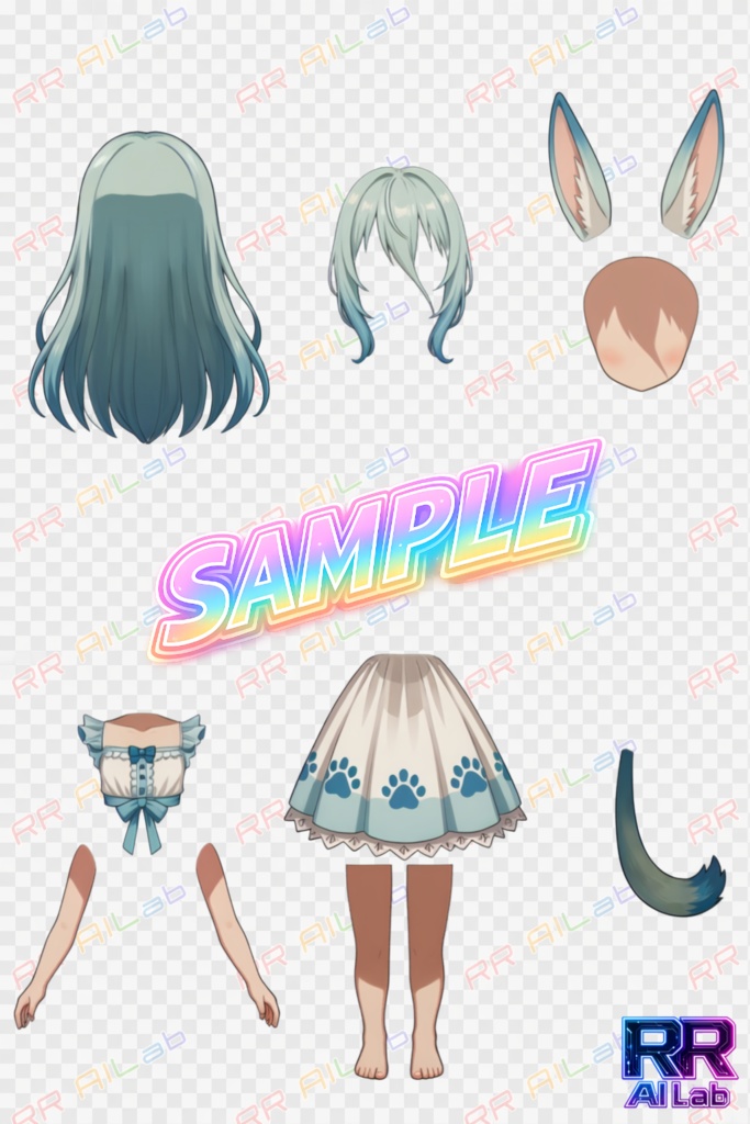 キャラクター立絵三面図+PSDデータ<No.000002:うさ耳と水色のまなざしが愛らしい、やさしげな獣耳少女> Character Stand-Up Illustrations (Three-View) + PSD Files