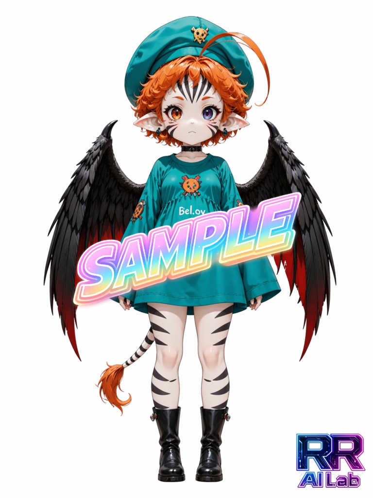 【期間限定無料】キャラクター立絵三面図+PSDデータ＜No.000003：黒翼と異色の瞳が映える、ダークポップな小悪魔風キメラ少女＞　[Free for a limited time] Character Stand-Up Illustrations (Three-View) + PSD Files