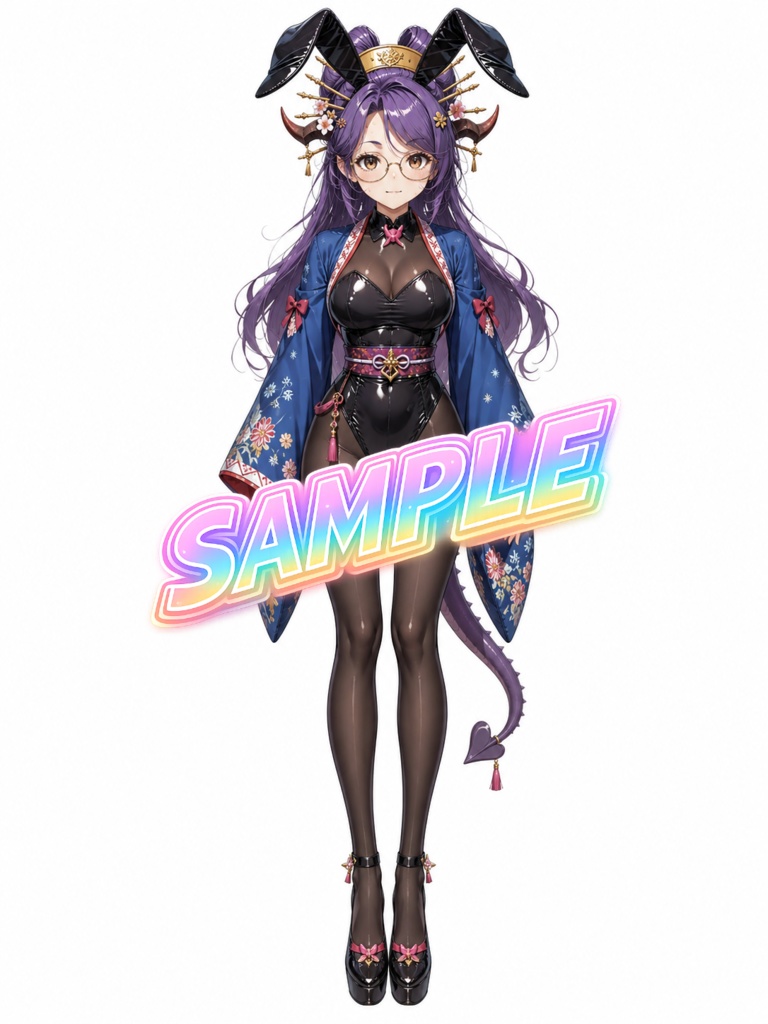 【期間限定無料】キャラクター立絵三面図+PSDデータ＜No.000004：妖艶さと気品が溶け合う、和装モチーフのバニー風ドラゴンレディ＞　[Free for a limited time] Character Stand-Up Illustrations (Three-View) + PSD Files