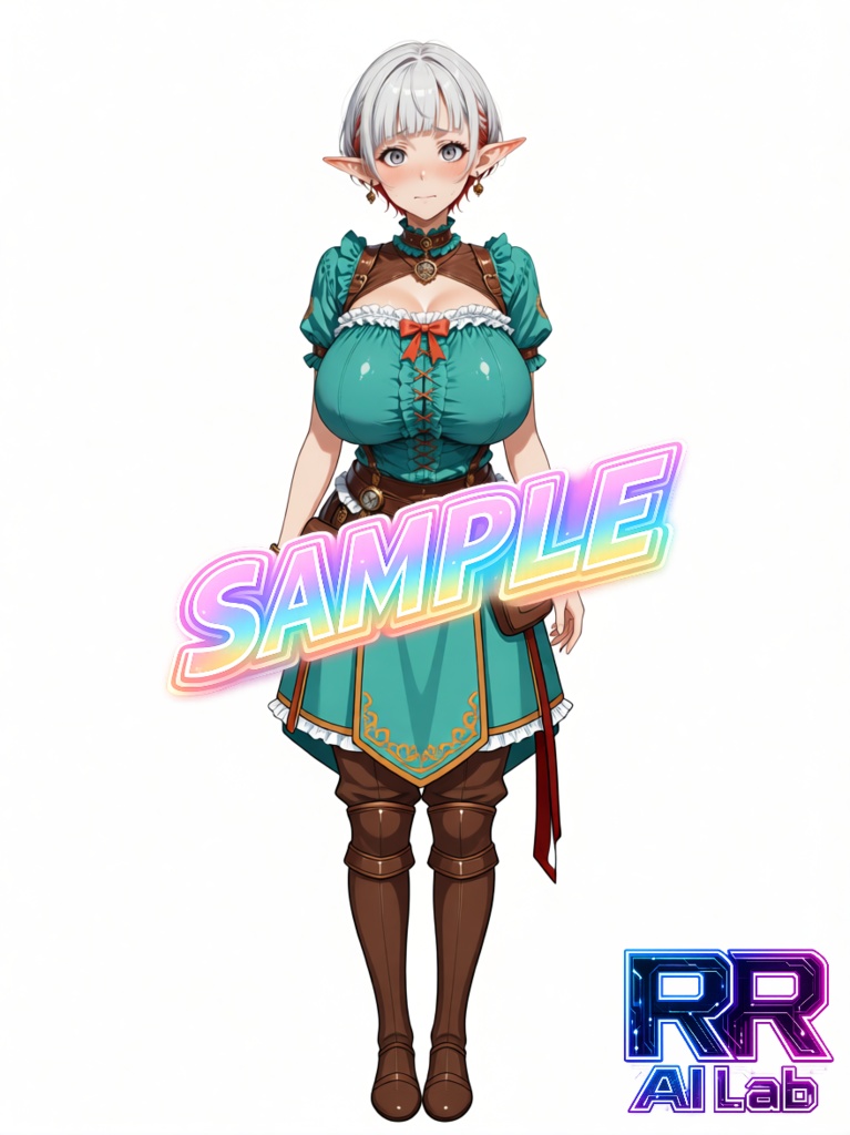 【期間限定無料】キャラクター立絵三面図+PSDデータ＜No.000005：戸惑い顔が愛らしい、旅装のエルフ風サポートレディ＞　[Free for a limited time] Character Stand-Up Illustrations (Three-View) + PSD Files