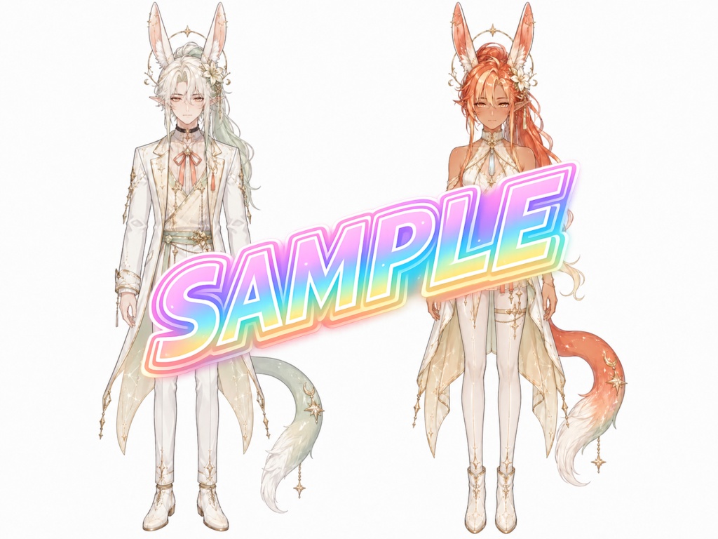 【期間限定無料】キャラクター立絵三面図+PSDデータ＜No.000006：星飾りとうさ耳が映える、幻想的で気高い光彩の男女ペア＞　[Free for a limited time] Character Stand-Up Illustrations (Three-View) + PSD Files