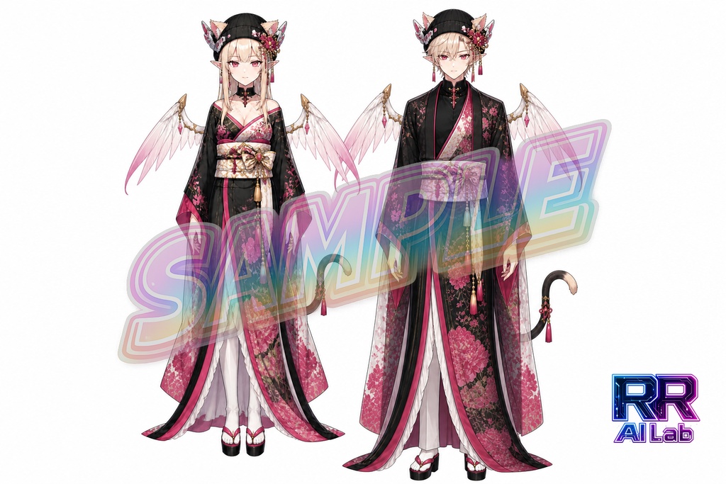 【期間限定無料】キャラクター立絵三面図+PSDデータ＜No.000010：黒地に桃花、翼と尾をまとう和装の妖艶な男女ペア＞[Free for a limited time] Character Stand-Up Illustrations (Three-View) + PSD Files