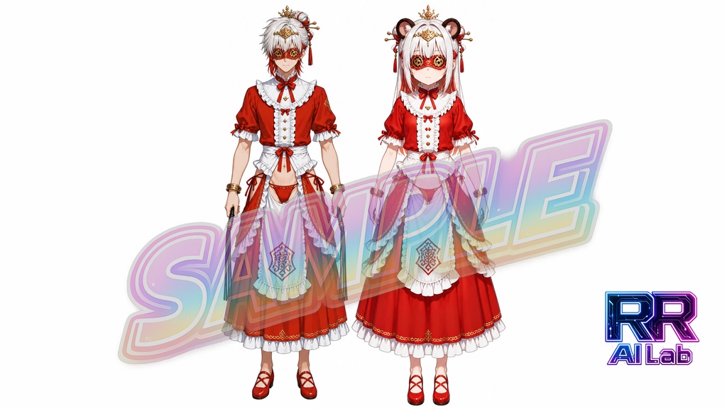 【期間限定無料】キャラクター立ち絵三面図+PSDデータ＜No.000011：赤と白の仮面舞踏会を思わせる、双子のように並ぶ優雅な赤衣の男女ペア＞　[Free for a limited time] Character Stand-Up Illustrations (Three-View) + PSD Files