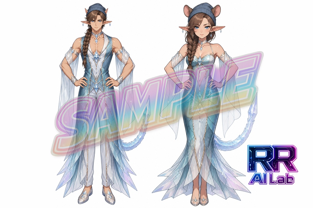 【期間限定無料】キャラクター立ち絵三面図+PSDデータ＜No.000012：氷晶の気配をまとう、双子のように並ぶ水晶の精霊＞　[Free for a limited time] Character Stand-Up Illustrations (Three-View) + PSD Files