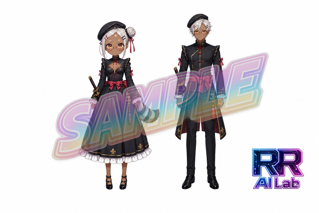 【期間限定無料】キャラクター立ち絵三面図+PSDデータ＜No.000014：黒衣に赤を差した、静かな気配の和モダン双子風ペア＞[Free for a limited time] Character Stand-Up Illustrations (Three-View) + PSD Files
