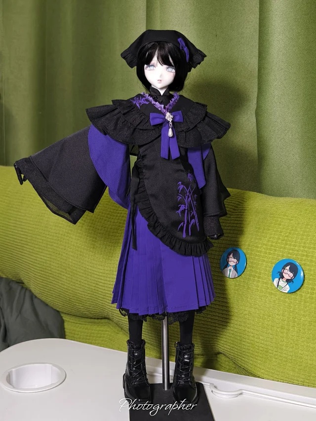 【1/4】1/4ドール服 于七页序 漢服風 中華ロリータ 仙女風 和風中華 フリル レース ケープ スカート 耳飾り アクセサリー BJD服 4分ドール衣装 改良チャイナ 刺繍風 竹柄 清楚 淑女風 白 紺 ブラック ホワイト 立ち襟 盤扣 リボン