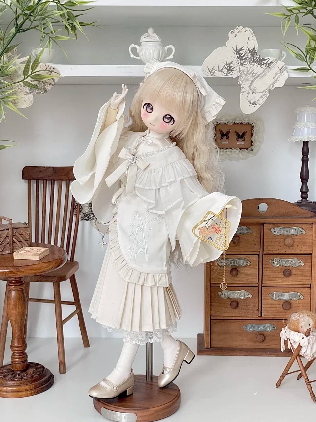 【1/4】1/4ドール服 于七页序 漢服風 中華ロリータ 仙女風 和風中華 フリル レース ケープ スカート 耳飾り アクセサリー BJD服 4分ドール衣装 改良チャイナ 刺繍風 竹柄 清楚 淑女風 白 紺 ブラック ホワイト 立ち襟 盤扣 リボン