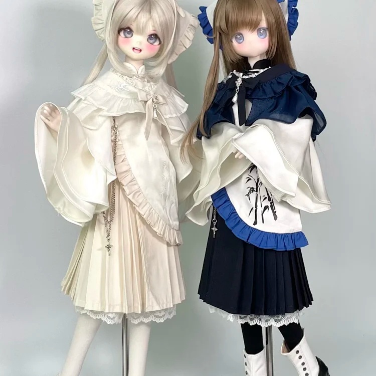 【1/4】1/4ドール服 于七页序 漢服風 中華ロリータ 仙女風 和風中華 フリル レース ケープ スカート 耳飾り アクセサリー BJD服 4分ドール衣装 改良チャイナ 刺繍風 竹柄 清楚 淑女風 白 紺 ブラック ホワイト 立ち襟 盤扣 リボン