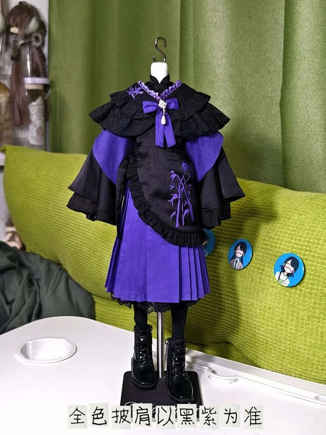 【1/4】1/4ドール服 于七页序 漢服風 中華ロリータ 仙女風 和風中華 フリル レース ケープ スカート 耳飾り アクセサリー BJD服 4分ドール衣装 改良チャイナ 刺繍風 竹柄 清楚 淑女風 白 紺 ブラック ホワイト 立ち襟 盤扣 リボン