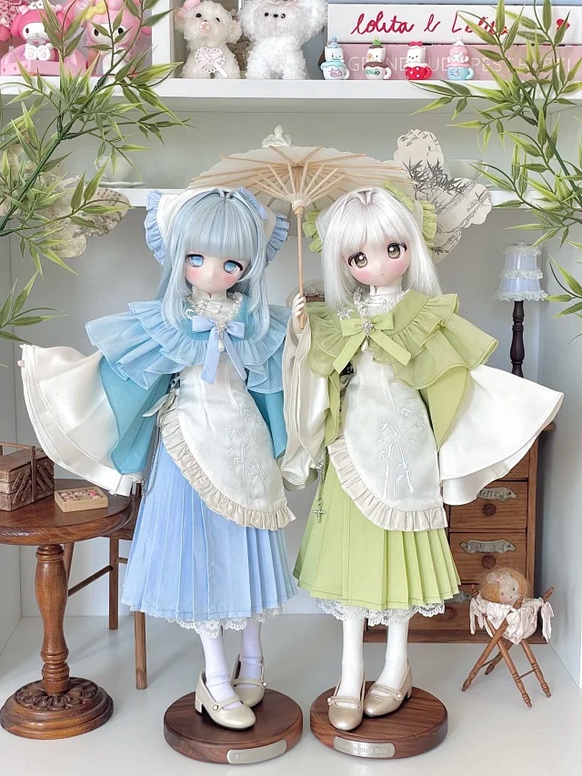 【1/4】1/4ドール服 于七页序 漢服風 中華ロリータ 仙女風 和風中華 フリル レース ケープ スカート 耳飾り アクセサリー BJD服 4分ドール衣装 改良チャイナ 刺繍風 竹柄 清楚 淑女風 白 紺 ブラック ホワイト 立ち襟 盤扣 リボン