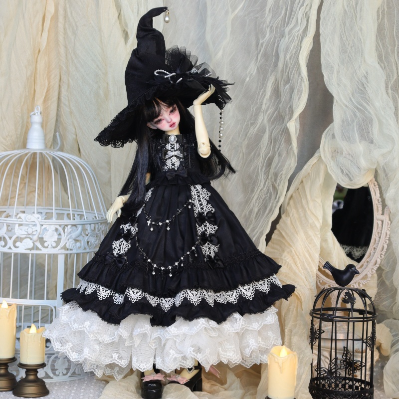 【1/4】ドール服　ウィッチ・コスモ　6点セット　ロリータ　ゴシック風　洋装　ブラックロリータ　ワンピース　ウィッチハット　魔女宙