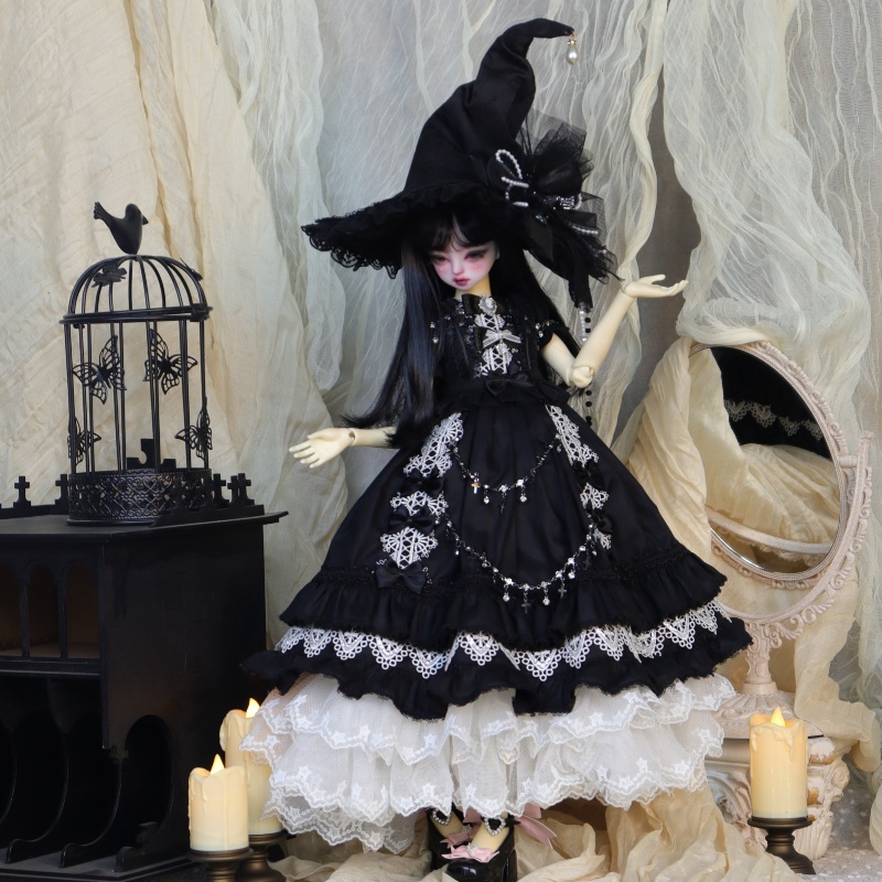 【1/4】ドール服　ウィッチ・コスモ　6点セット　ロリータ　ゴシック風　洋装　ブラックロリータ　ワンピース　ウィッチハット　魔女宙