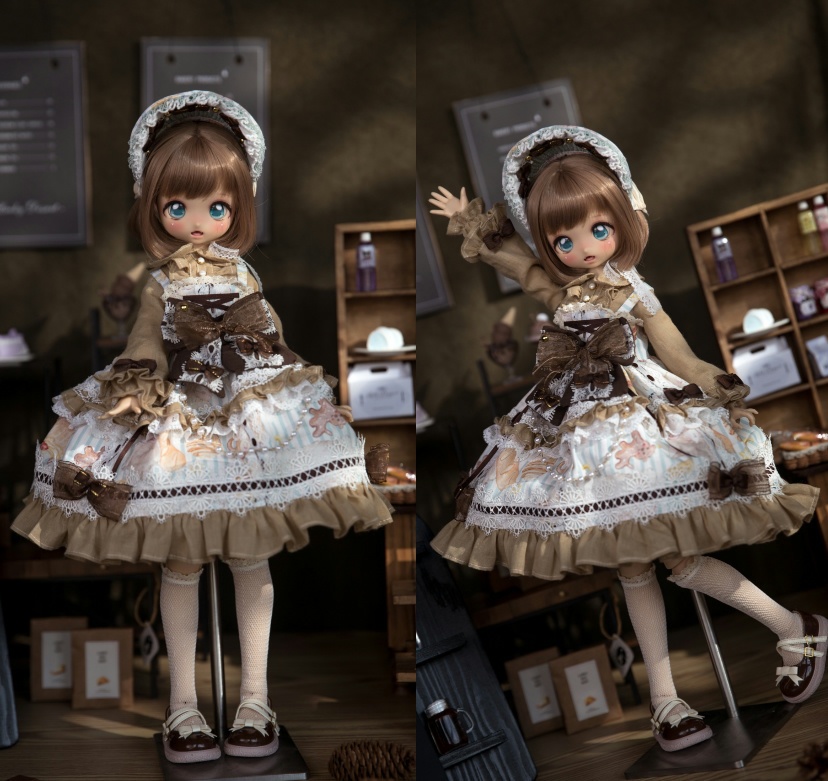 【1/4】ドール服 ラテラウンジ 6点セット ロリータ 洋装 ブラウン ロリータ 吊りスカート ブラウス 拿铁休息室