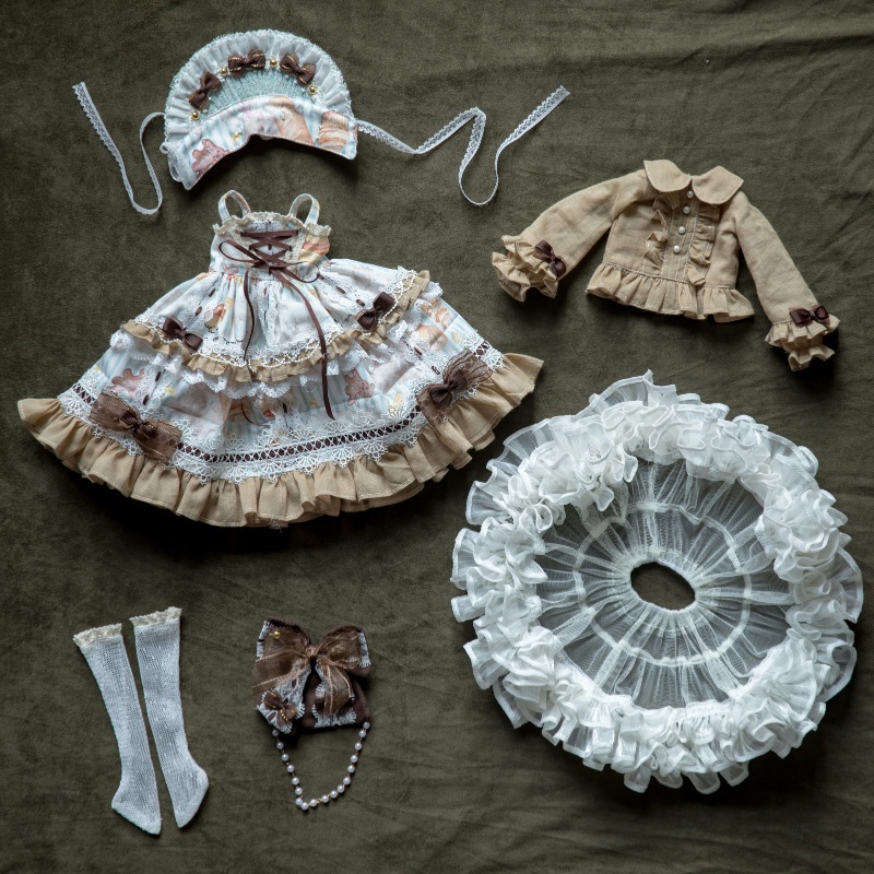 【1/4】ドール服 ラテラウンジ 6点セット ロリータ 洋装 ブラウン ロリータ 吊りスカート ブラウス 拿铁休息室