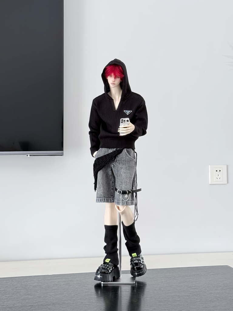 【1/4】【ID75】透かし編み フード付きニット ドール用トップス 黒×白