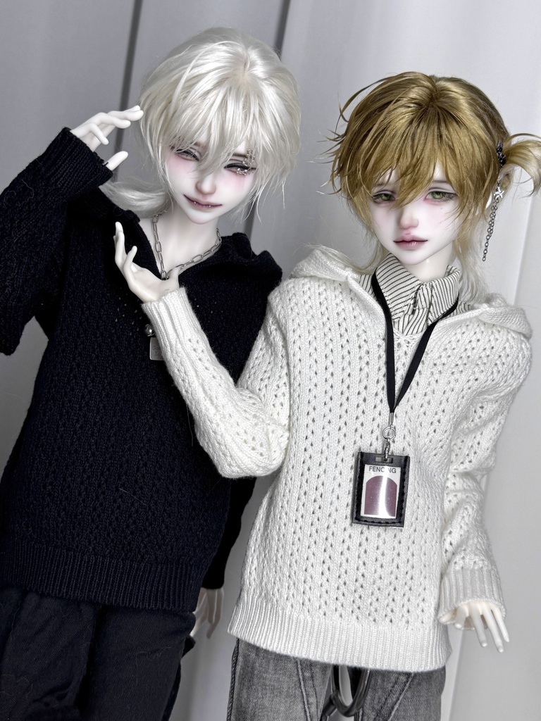 【1/4】【ID75】透かし編み フード付きニット ドール用トップス 黒×白