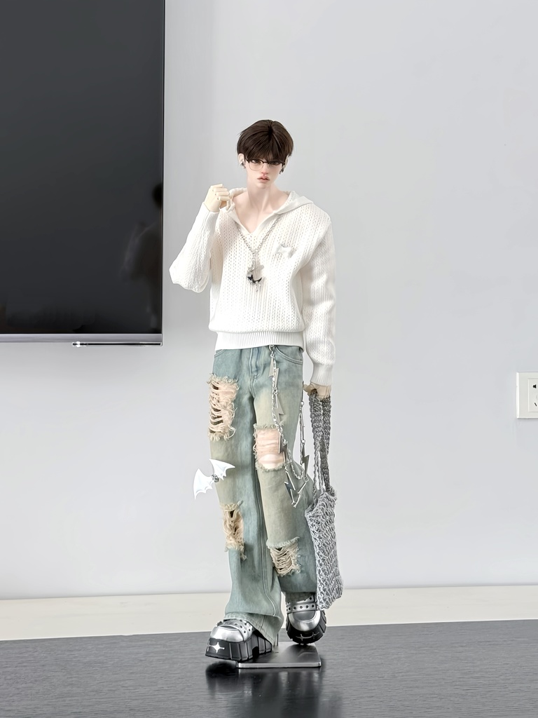 【1/4】【ID75】透かし編み フード付きニット ドール用トップス 黒×白