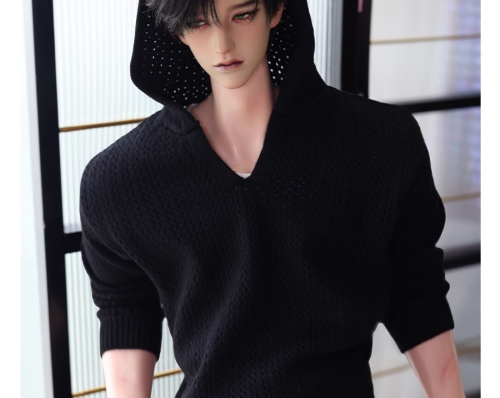 【1/4】【ID75】透かし編み フード付きニット ドール用トップス 黒×白