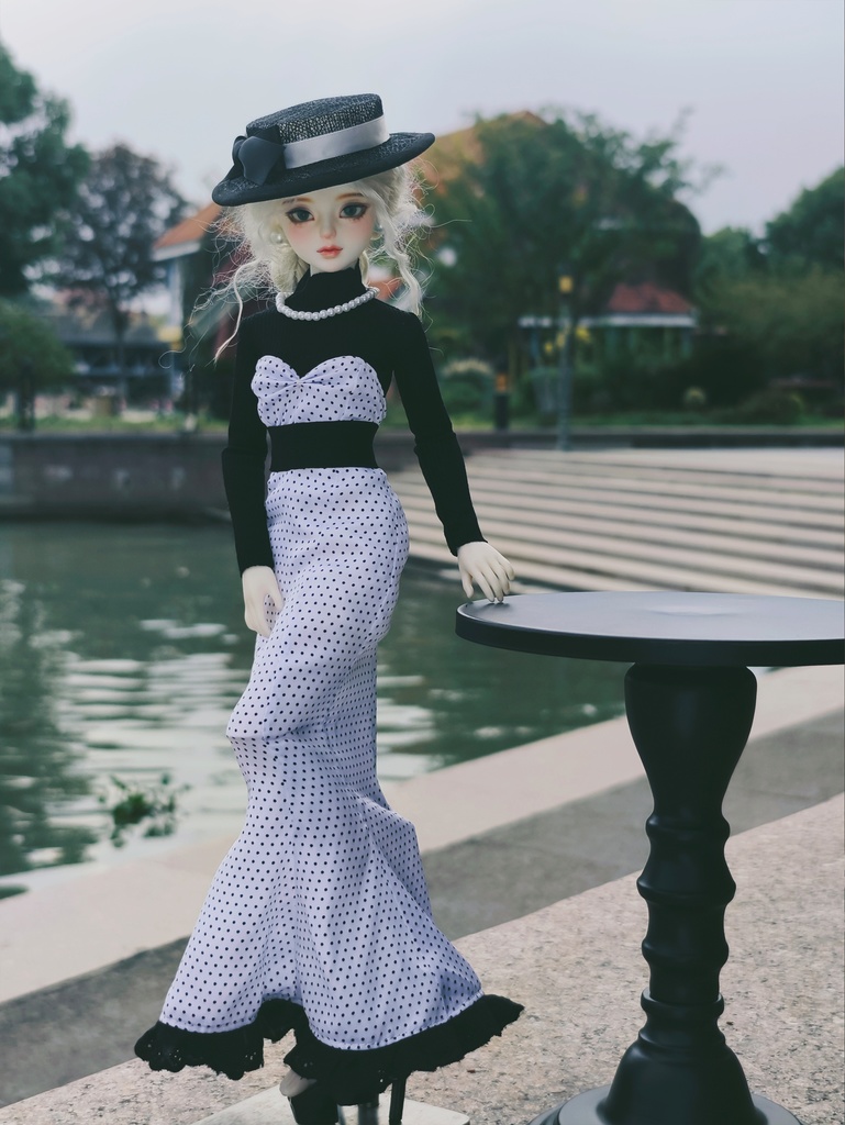 【1/4】ドット柄 マーメイドスカート エレガント シフォンハット