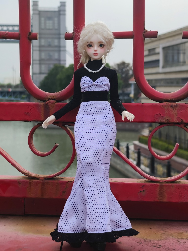 【1/4】ドット柄 マーメイドスカート エレガント シフォンハット