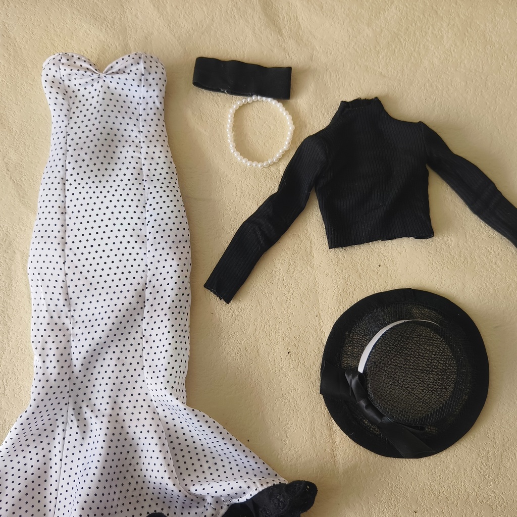 【1/4】ドット柄 マーメイドスカート エレガント シフォンハット