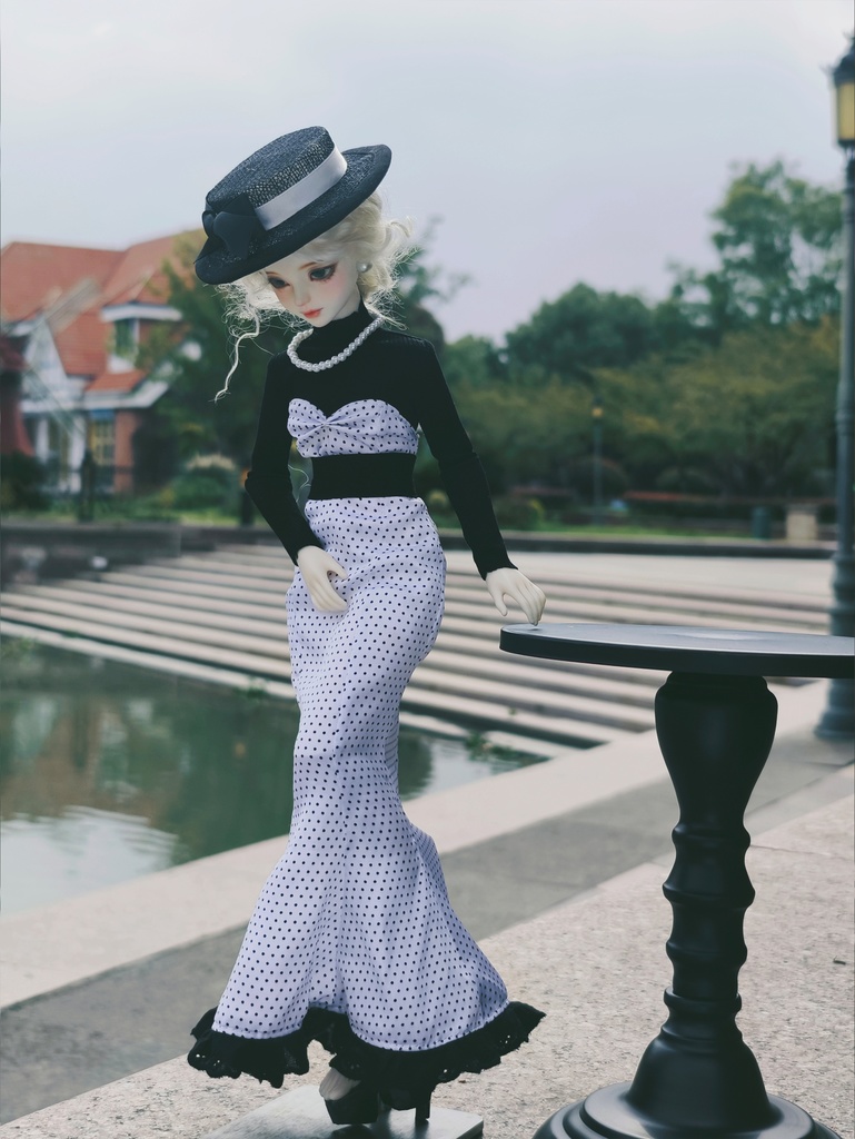 【1/4】ドット柄 マーメイドスカート エレガント シフォンハット