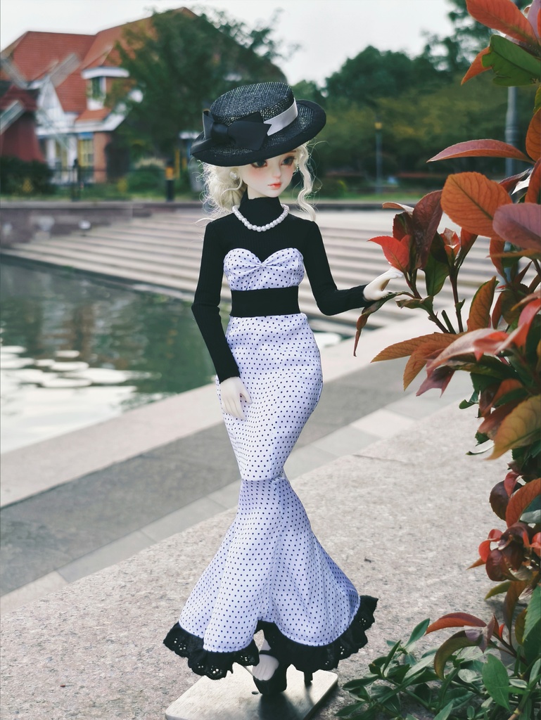 【1/4】ドット柄 マーメイドスカート エレガント シフォンハット
