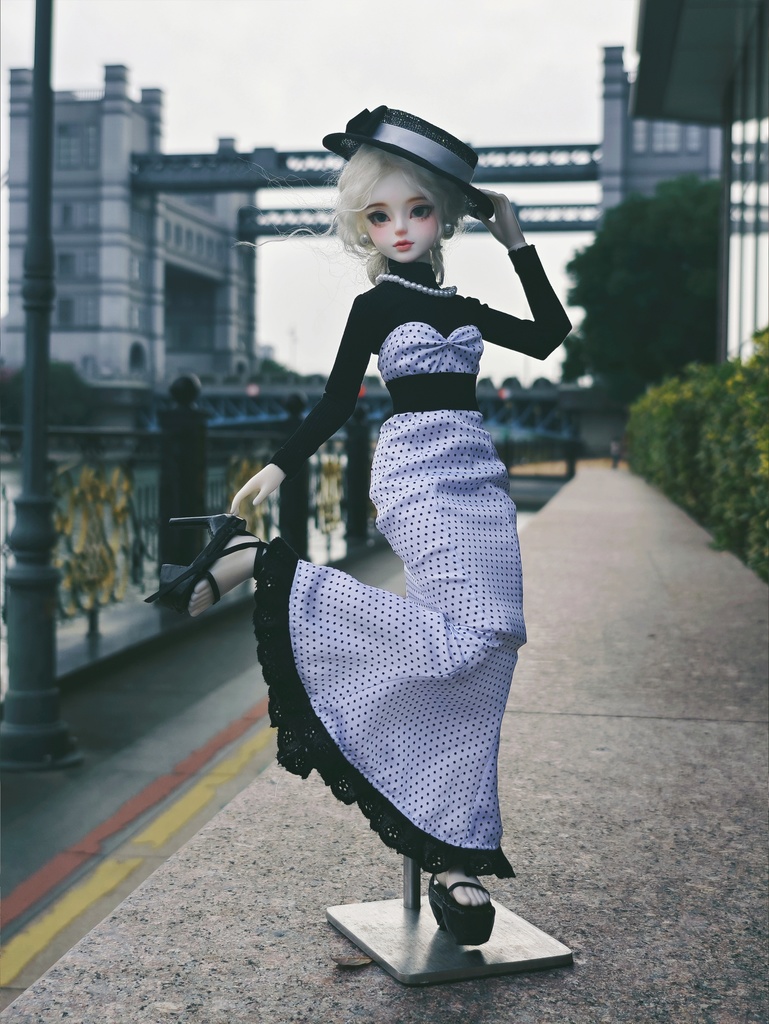 【1/4】ドット柄 マーメイドスカート エレガント シフォンハット