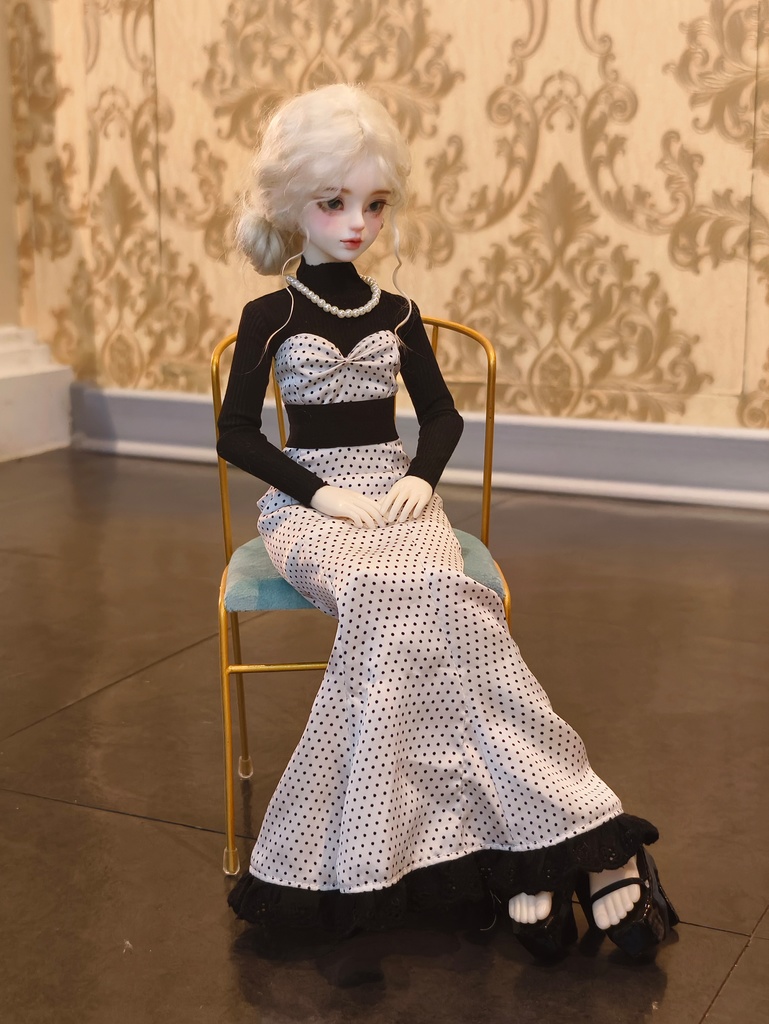 【1/4】ドット柄 マーメイドスカート エレガント シフォンハット