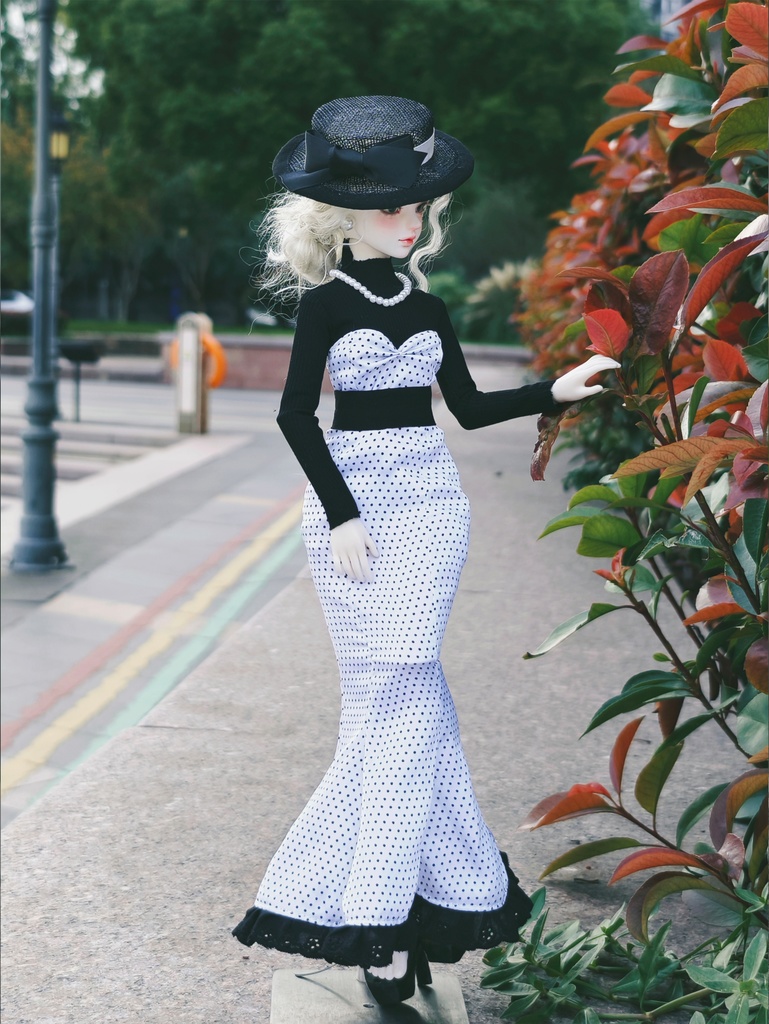 【1/4】ドット柄 マーメイドスカート エレガント シフォンハット