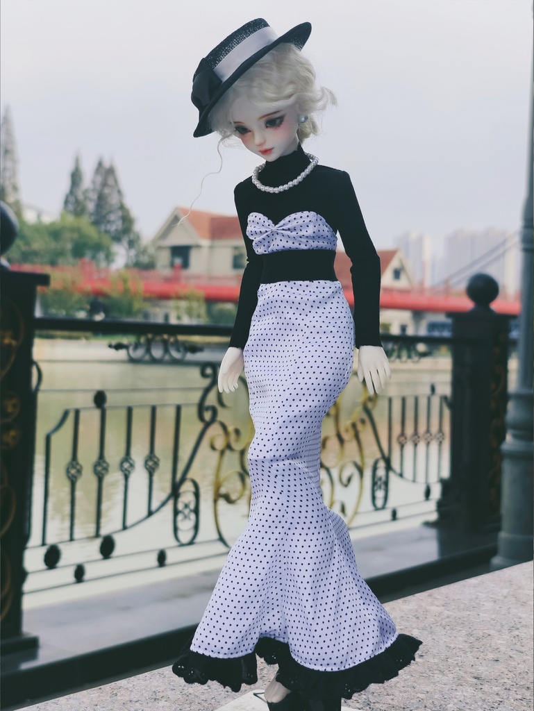 【1/4】ドット柄 マーメイドスカート エレガント シフォンハット