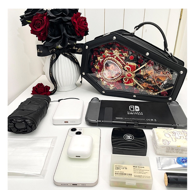 痛バッグ 20cmぬい対応 棺型 ゴシック ロリータ クリア窓