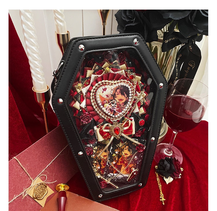 痛バッグ 20cmぬい対応 棺型 ゴシック ロリータ クリア窓