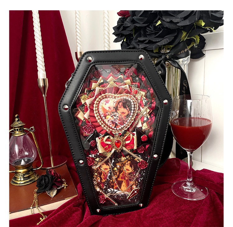 痛バッグ 20cmぬい対応 棺型 ゴシック ロリータ クリア窓