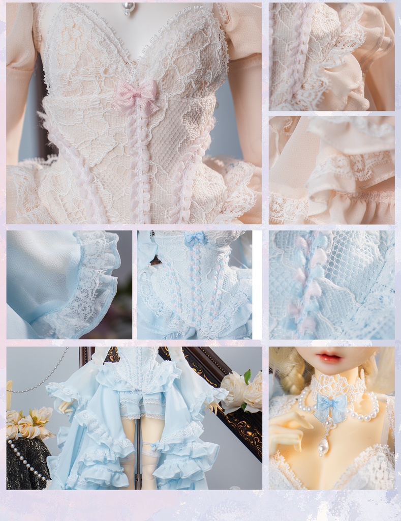 1/4ドール服 シフォンレース 姫袖ドール服 6点セット