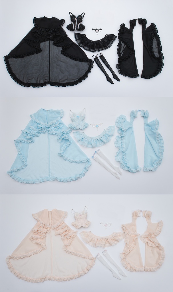 1/4ドール服 シフォンレース 姫袖ドール服 6点セット