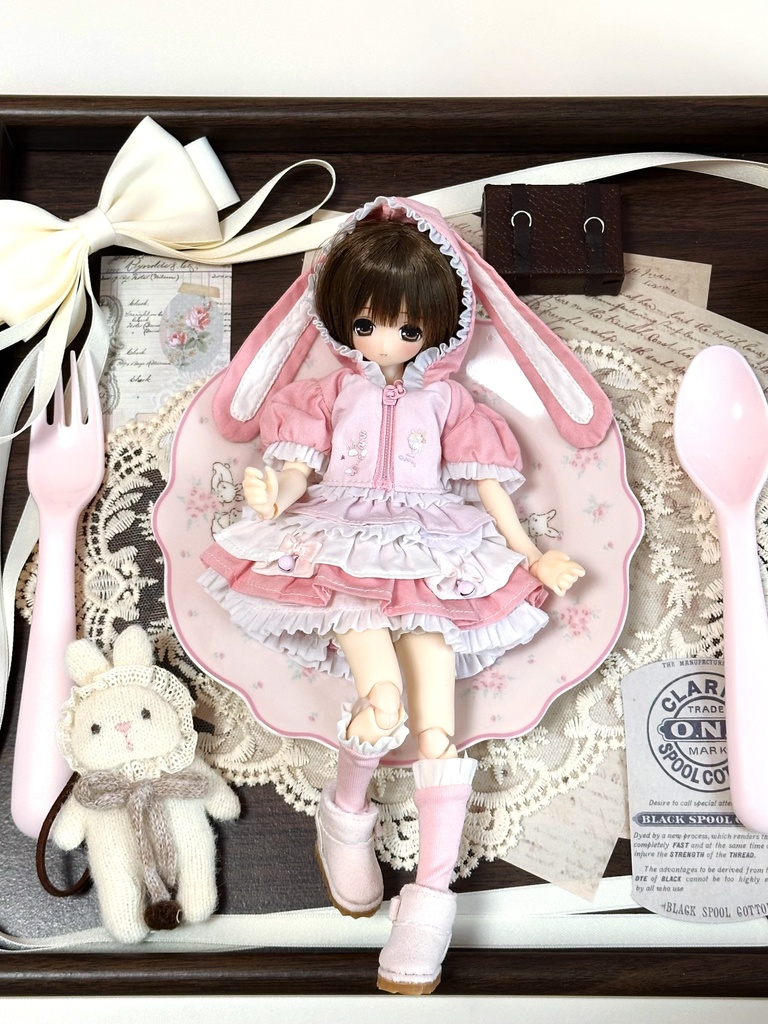 1/6ドール服 うさみみワンピース 3点セット ピュアニーモ S ピュアニーモ M オビツ24 オビツ22