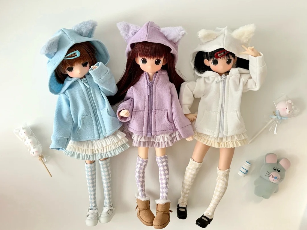 1/6ドール服 うさ耳アウター 猫耳アウター 3点セット ピュアニーモ S ピュアニーモ M オビツ24 オビツ22