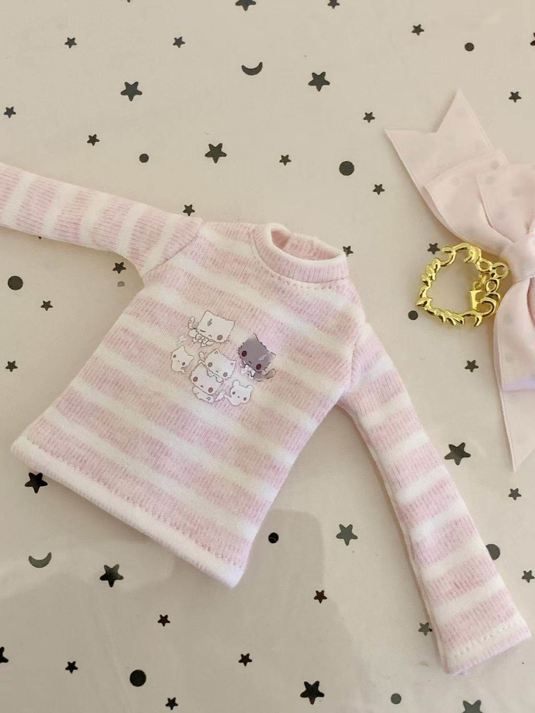 1/6ドール服 ねこ柄ボーダートップス ピュアニーモ S ピュアニーモ M オビツ24 オビツ22