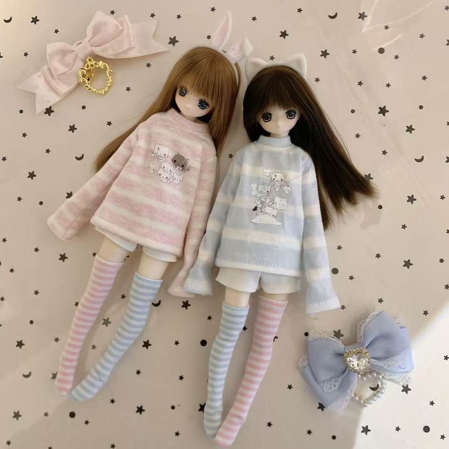 1/6ドール服　ねこ柄ボーダートップス　ピュアニーモ S　ピュアニーモ M　オビツ24　オビツ22