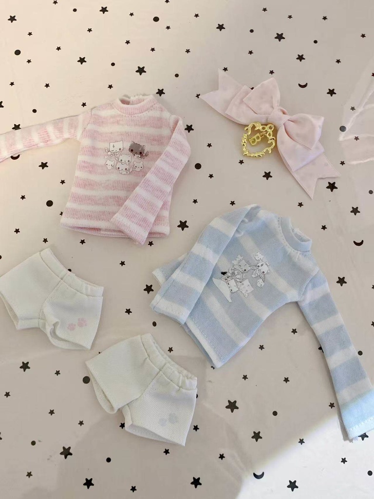 1/6ドール服 ねこ柄ボーダートップス ピュアニーモ S ピュアニーモ M オビツ24 オビツ22