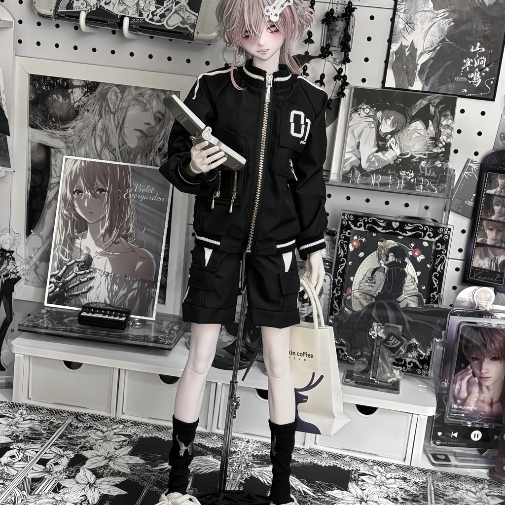 1/4ドール服 モノクロ ジャケットセット カーゴパンツ 1/6ドール服